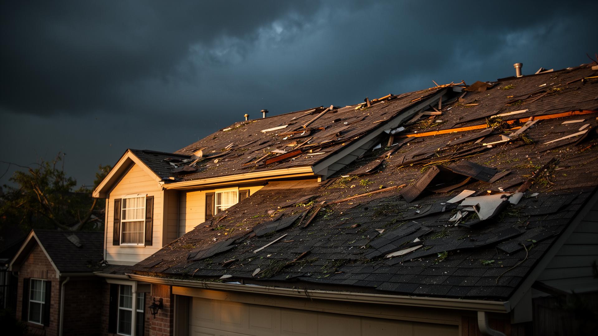 Storm-damaged Houston roof at dusk
